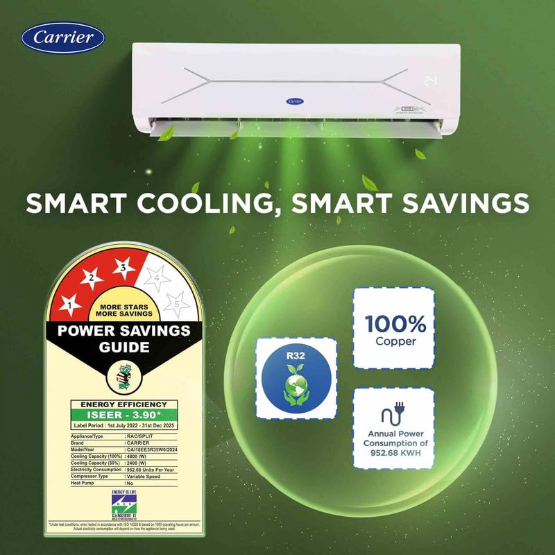 Carrier XCEL EDGE Fxi Power Savings Guide with 3-star rating, R32 refrigerant, 100% copper, and annual power consumption
