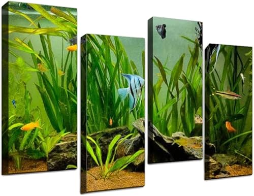 4 piezas de lienzo para pared, hermosos peces nadando en un acuario tropical de agua dulce plantado, pósteres de pintura artística, cuadros