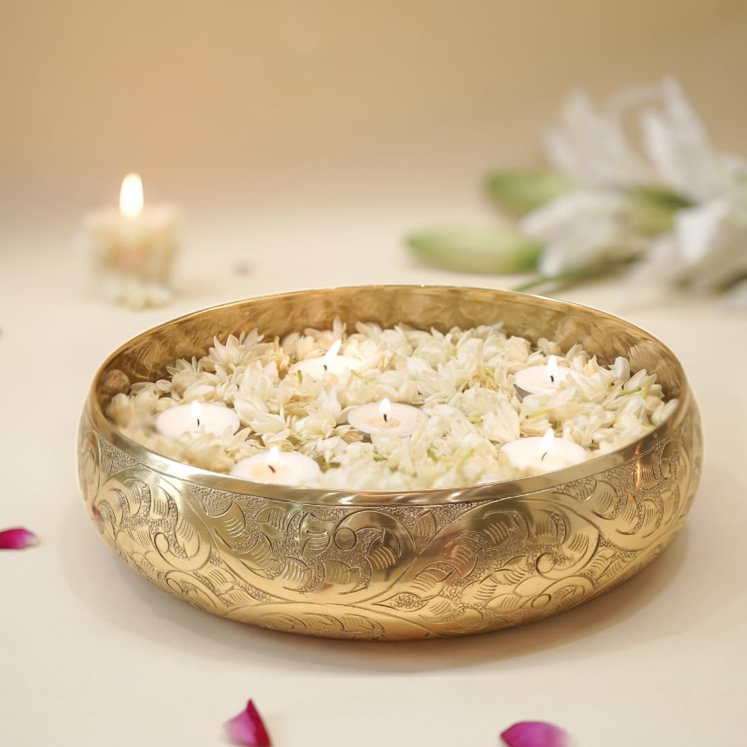 BEHOMA Classic Golden Aluminium Chitai Design 10 inches Urli Indoor Outdoor Center Table Flower Decorative Bowl for Home Décor, Urali for Haldi, Mehandi, Wedding and Holi Decor, 1 Pc, 1000 ML-image-21
