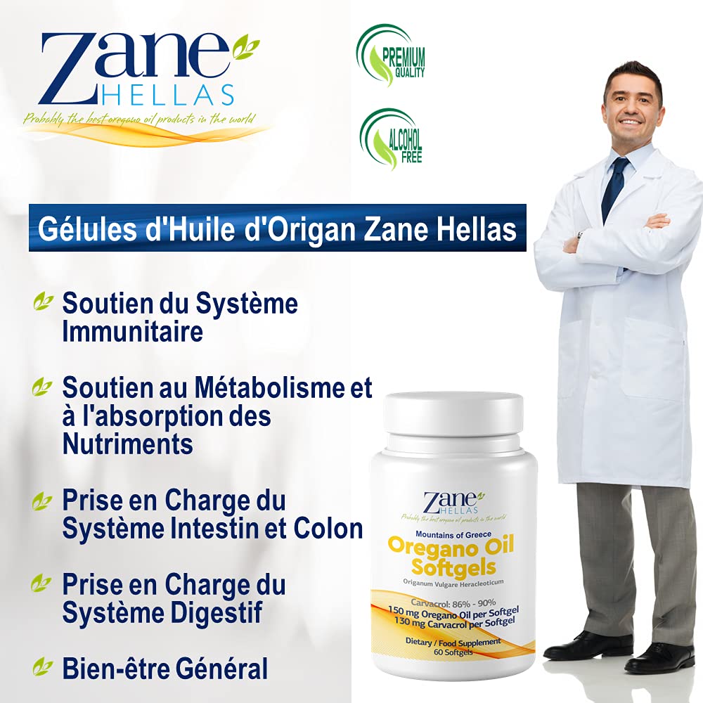 Zane Hellas Gélules d’huile d’origan. La concentration la plus élevée au monde. Chaque Softgel contient 30% d'huile essentielle grecque pure d'origan. 130 mg de carvacrol par softgel. 60 gélules.