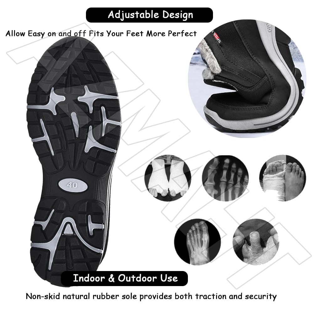 Mocasines sin Cordones para Hombre Invierno Cálidas Peluche Botas Zapatillas diabéticas Vendaje Zapatos pies lesionados y Zapatos hinchados,Negro,40/250mm