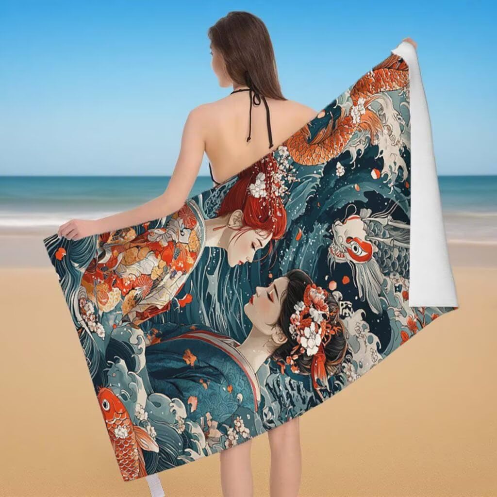 Serviette de Plage Japon Lot de 2 Serviette Microfibre Drap de Plage XXL 100x200cm/35x70cm, Séchage Rapide Anti Sable Drap de Bain, Vacances Plages Accessoire pour Voyages Camping Pique-nique E-69