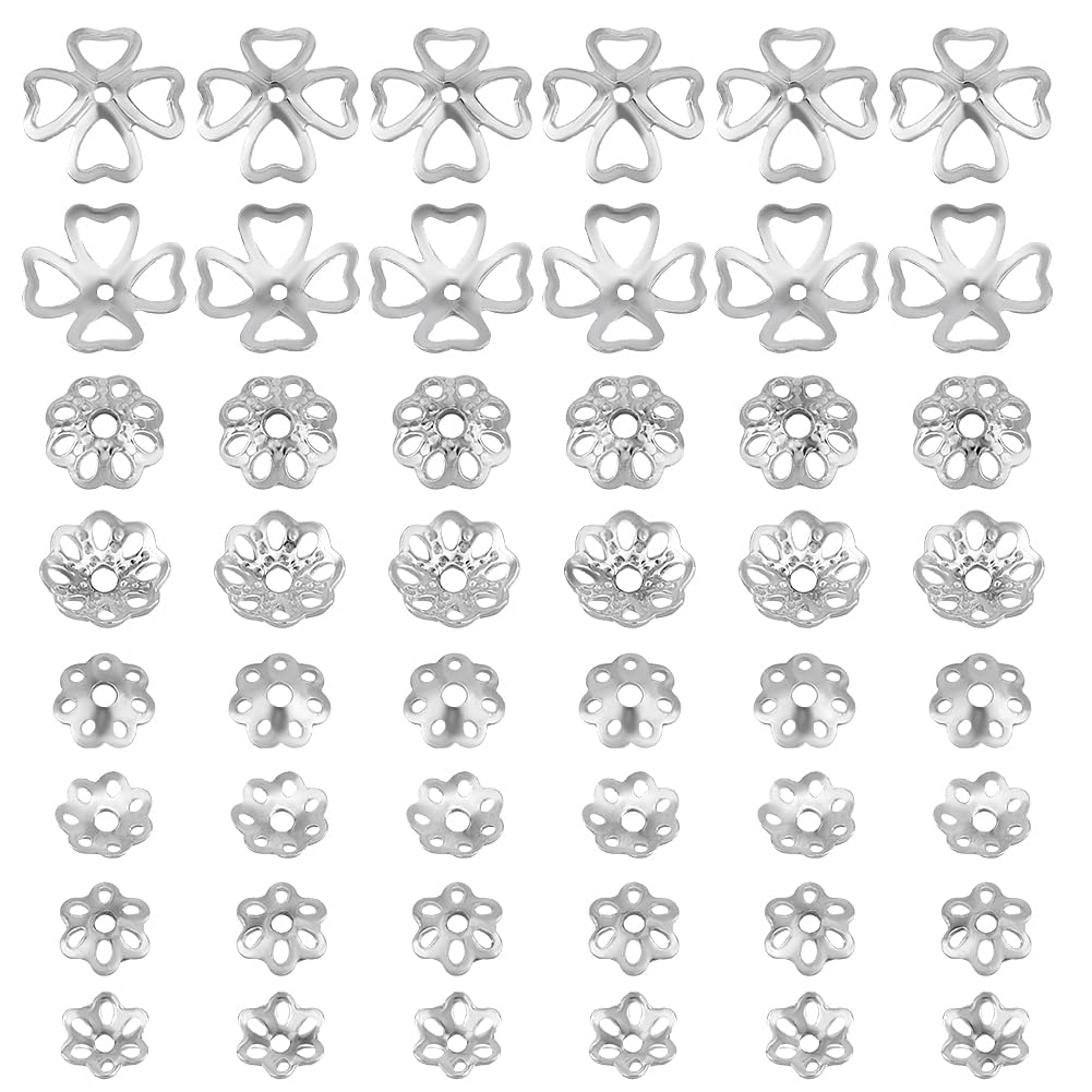 PH PandaHall 48pcs 925 Sterling Silver Bead Caps, 4 Styles Flower Bead End Caps Multi-Petal Spacer Beads Caps Filigree End Charm Caps Bails for DIY Earring Braceket Necklace Jewelry Making