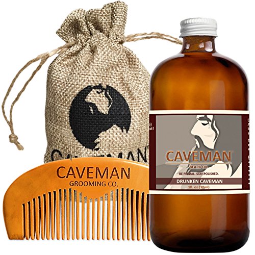 Hand Crafted Caveman Drunken Caveman (Bay Rum) Beard Oil Leave in Conditioner, 1oz Oil and Free Handmade Comb (Drunken Caveman (Bay Rum), 1oz Oil)