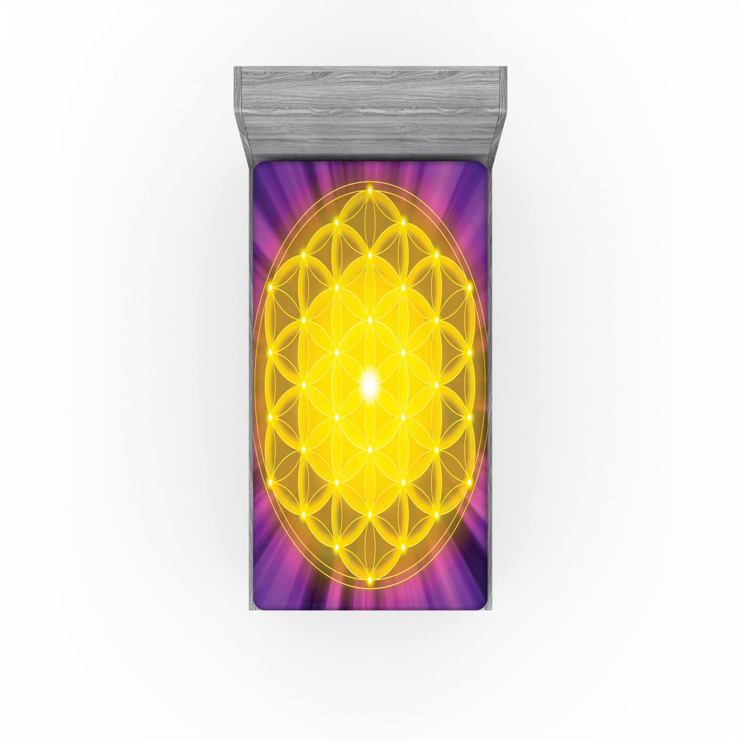 Ambesonne Purple Mandala 2 Pack Fitted Sheet, Flower of Life, Bed Cover All-Round Elastic Deep Pockets 2 Pieces, Package Contains 2 Twin Size Fitted Sheets, Yellow Purple