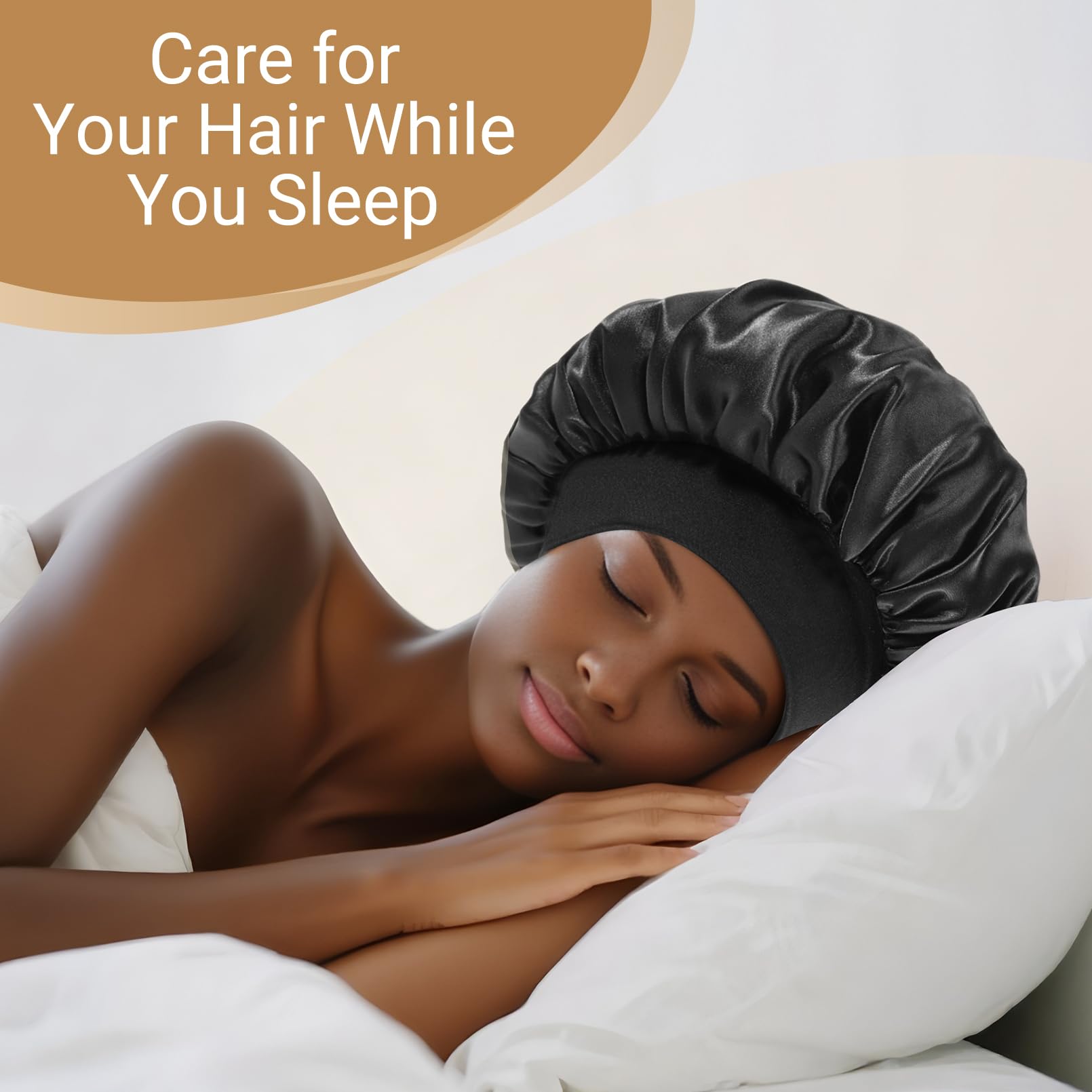 12 cuffie in raso per dormire, con fascia elastica larga, per donne, trecce, capelli ricci, nero