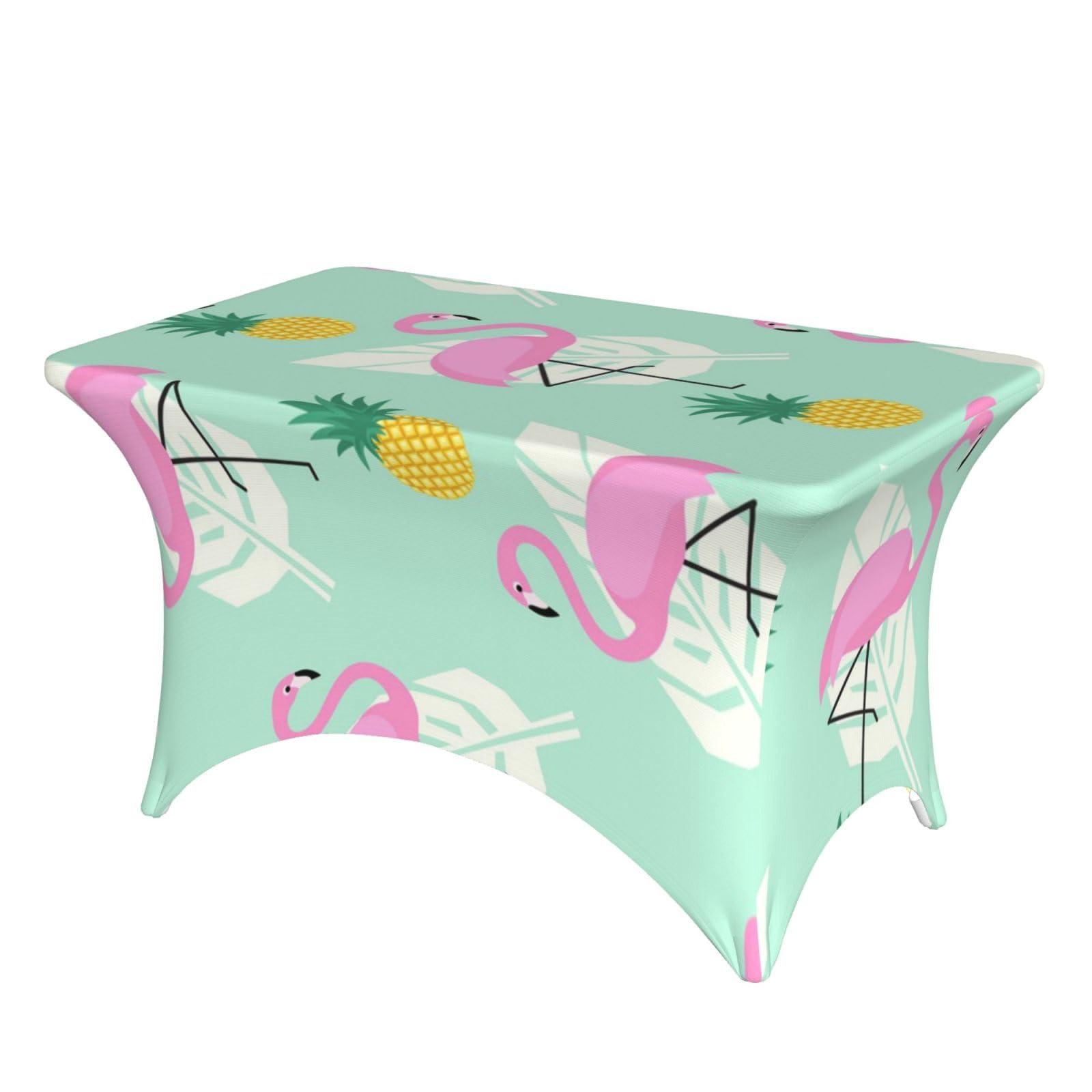 DCEHGEW 4FT Spandex Rectangular Table Cloth, pink flamingo pineapples Printed Fitted Elastic Tablecloths Washable Table Cover for Event, Wedding, Banquet & Party