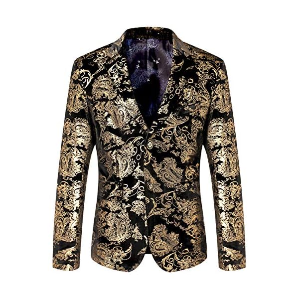 WULFUL Men's Luxury Casual Dress Floral Suit Notched Lapel Slim Fit Stylish Blazer Jacket Party Coats…, Gold, Large