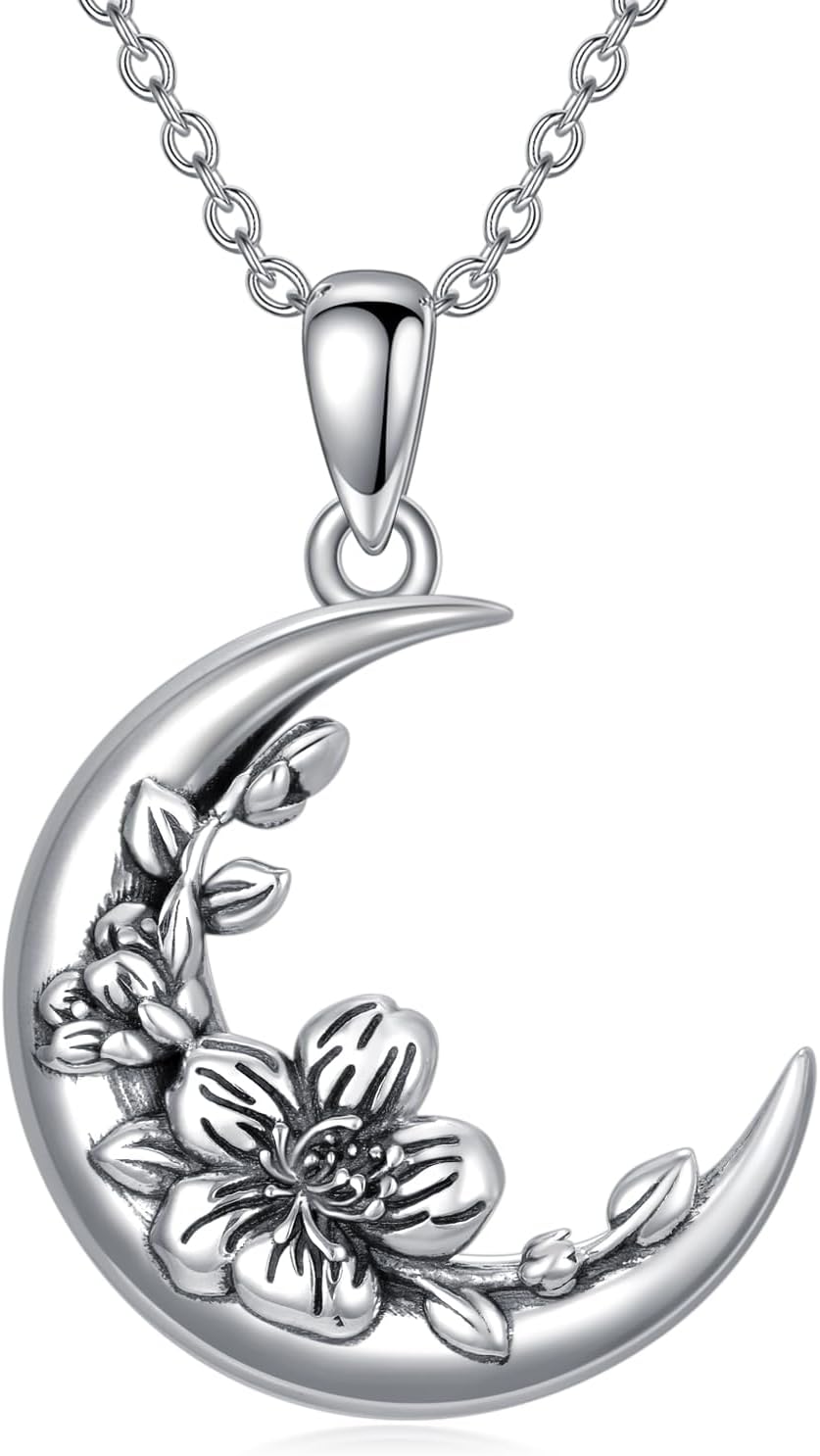 SIMONLYMother's Day Gifts Birth Month Flower Necklace for Women S925 Sterling Silver Moon Crescent Shape Birth Flower Pendant Necklace Birthday Gifts for Women Her