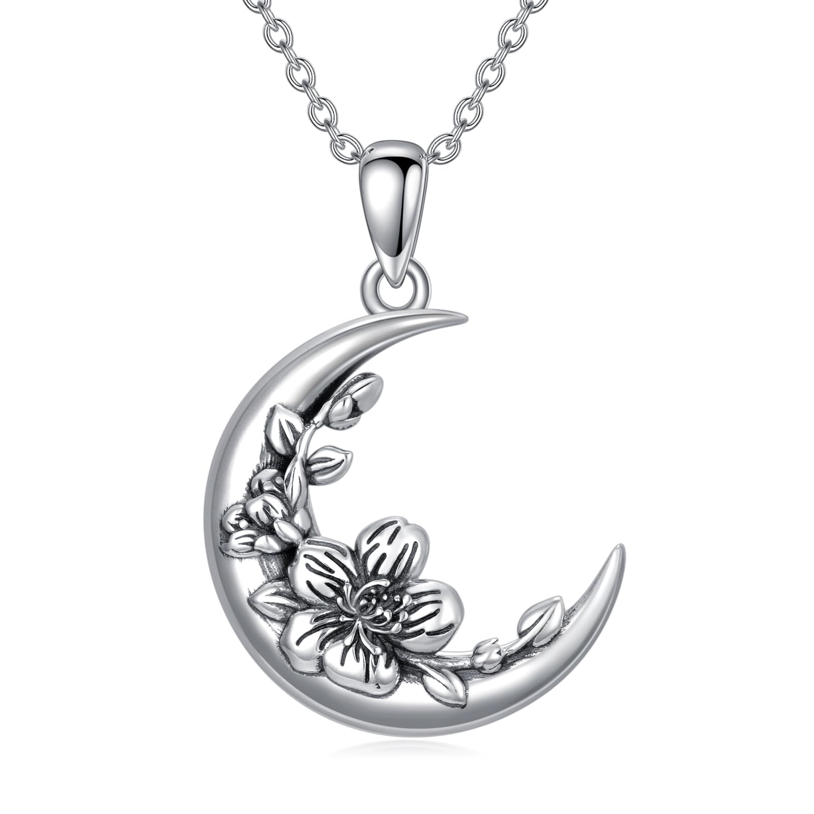 SIMONLYMother's Day Gifts Birth Month Flower Necklace for Women S925 Sterling Silver Moon Crescent Shape Birth Flower Pendant Necklace Birthday Gifts for Women Her