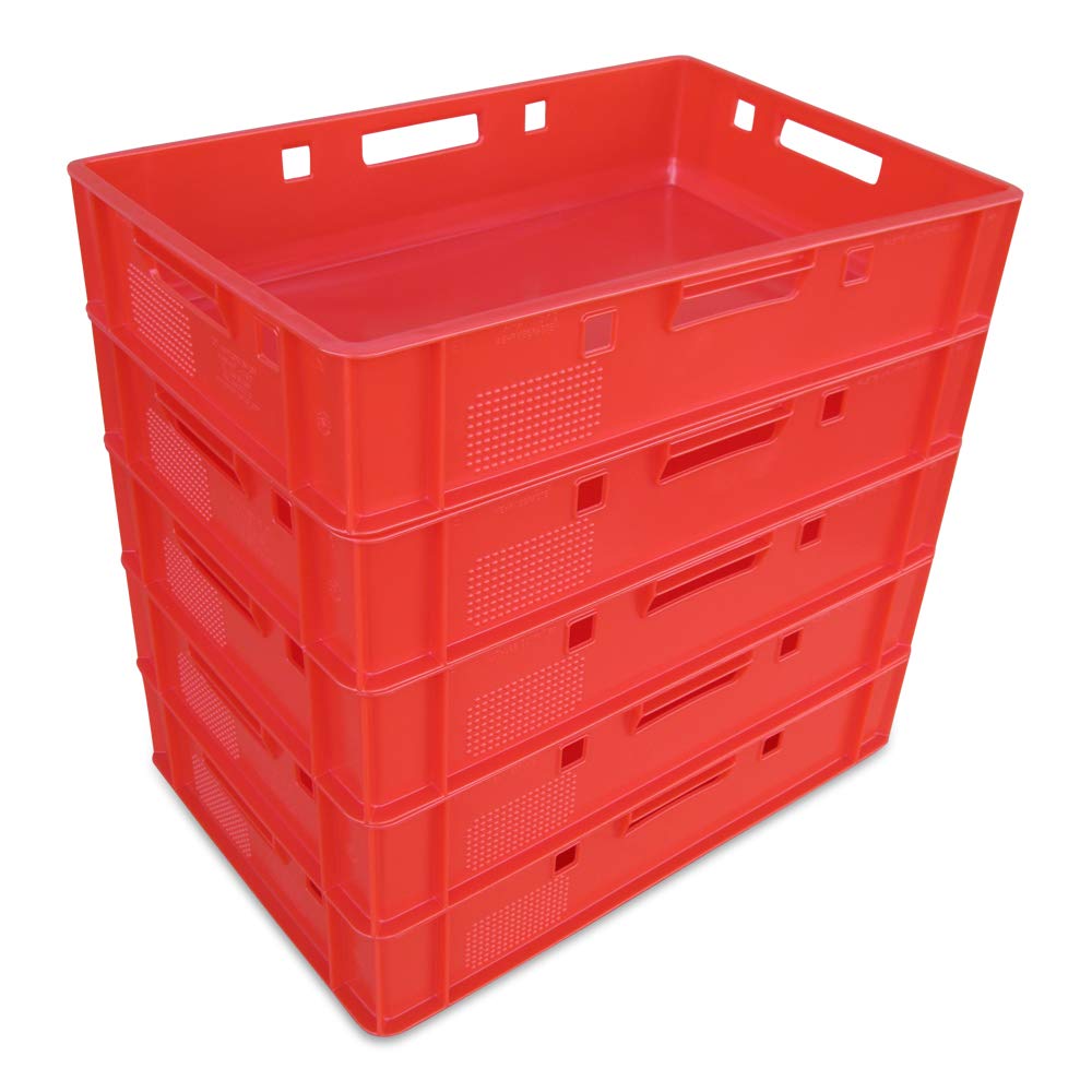 8 Stück Euroboxen 60x40x12,5 Cm – Lebensmittelechte Metzgerkisten Aus HDPE, Rot, Stapelbar
