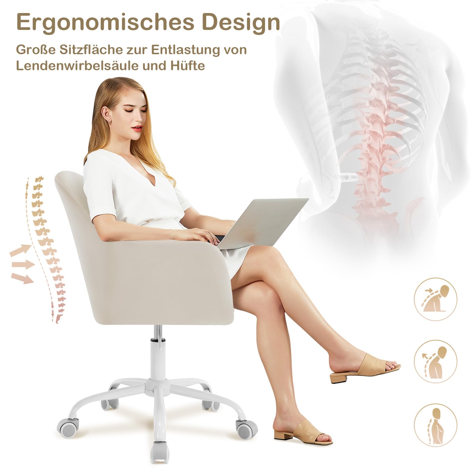 WOLTU Schreibtischstuhl, Bürostuhl ergonomisch, Homeoffice Stuhl höhenverstellbar, Schminkstuhl mit Armlehnen, Drehstuhl mit Rollen, Samt Stuhl Metallrahmen, 150 kg belastbar, Beige