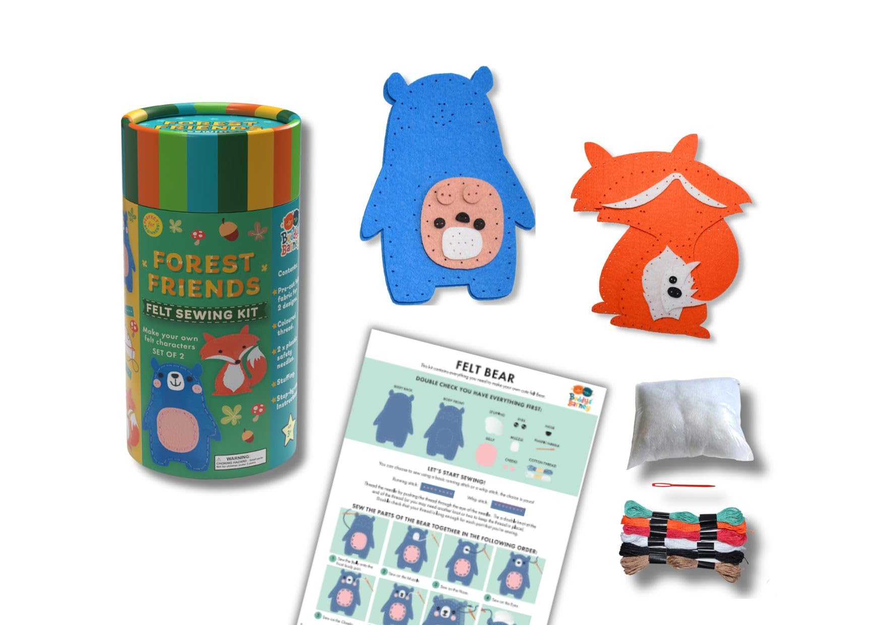 Buddy & Barney Felt Sewing Kit Tube - Forest Friends | Kids Safe Sewing Activity Set Animal Arts and Crafts for Children Bear Fox Easy to Learn Plush Fun for Beginners DIY
