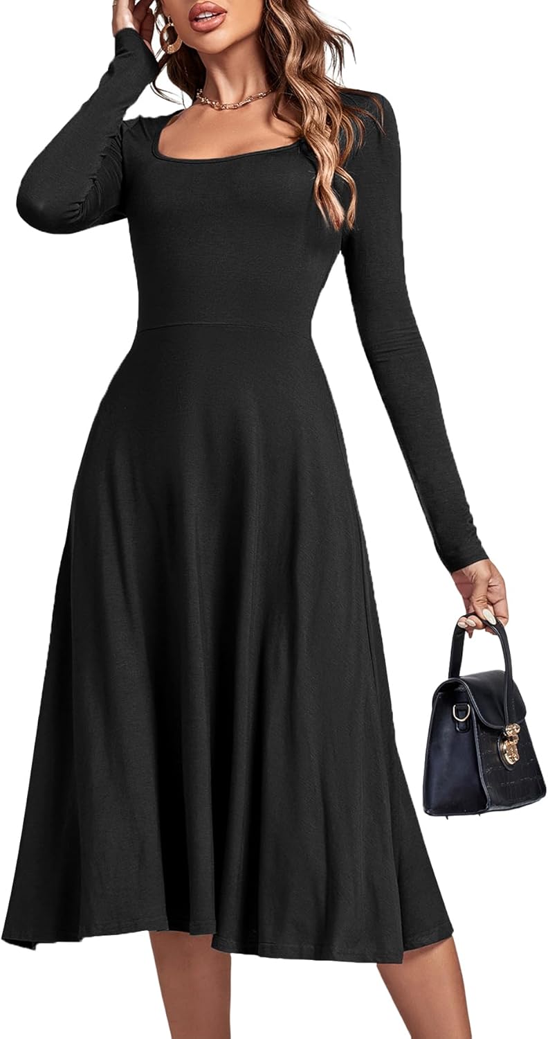 LYANER Women's Square Neck Long Sleeve Empire Waist A Line Flare Solid Midi Dress