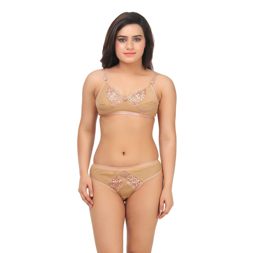 Embibo Cotton Bra Panty Set for Women - Lingerie Set for Honeymoon and Innerwear - Beige-image-38