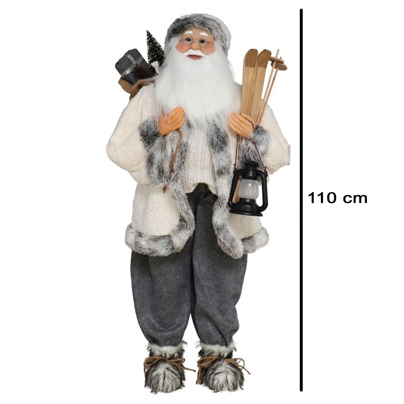 Tradineur Figurine Père Noël avec Skis Polyester et Plastique Père Noël debout Décoration festive Ornements de Noël vitrines Maison (Gris-110cm)
