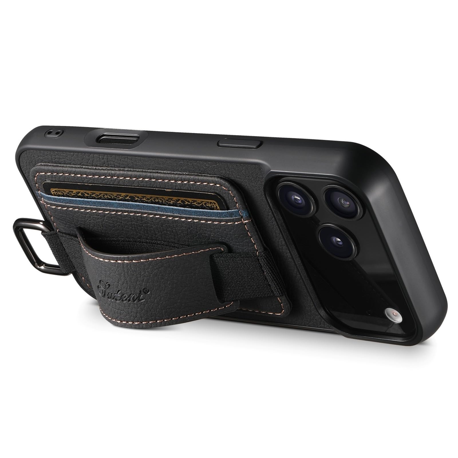 Generic Funda compatible con iPhone 15 (color: negro), cartera de piel, correa de mano, funda trasera de silicona