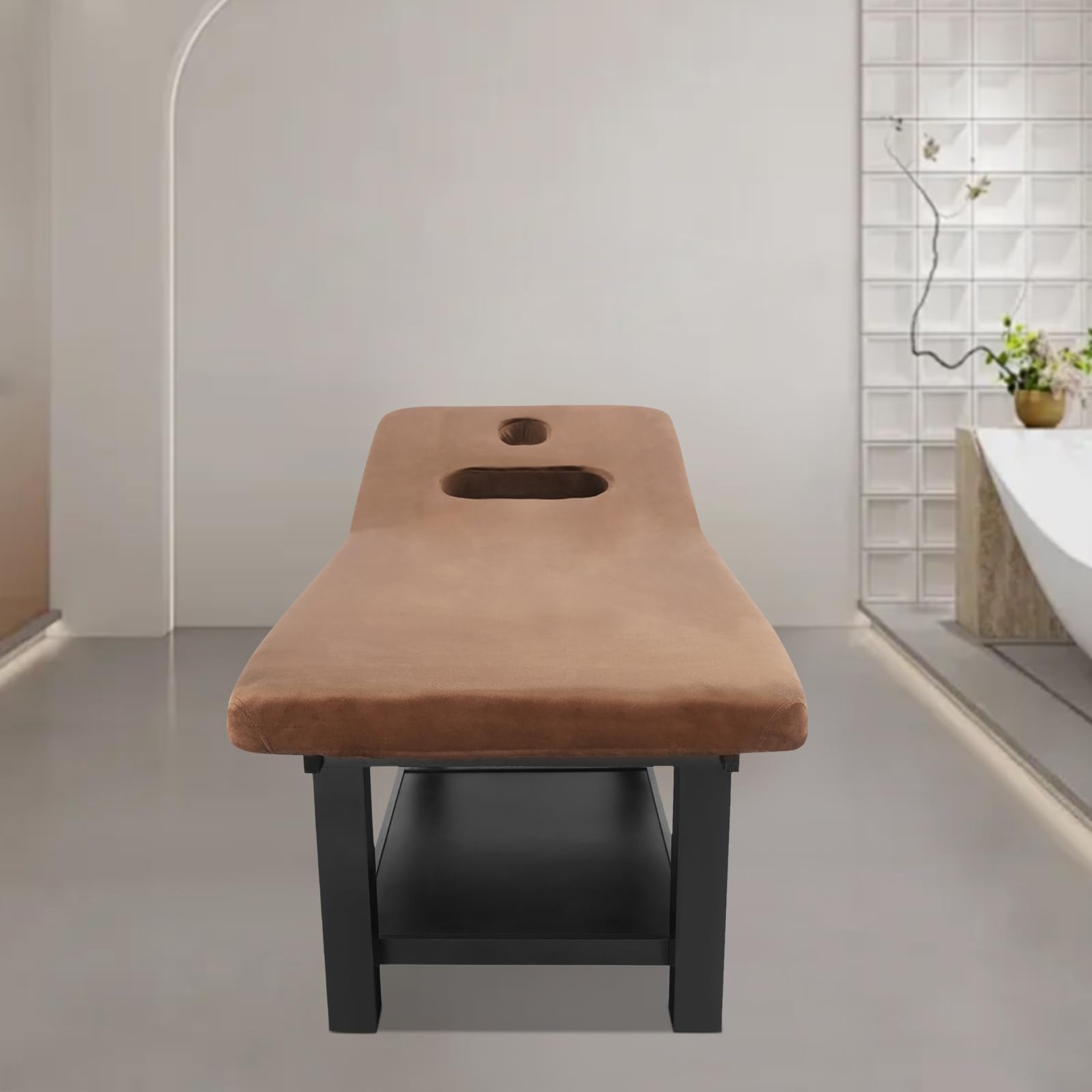 LUOSHALIYA Wood Massage Table for Treatment Physical Therapy Facial Bed, Wide Velvet Spa Massage Table, Heavy Duty Segmented Structure Professional Beauty Care Bed (Brown, 4 Bed Legs)