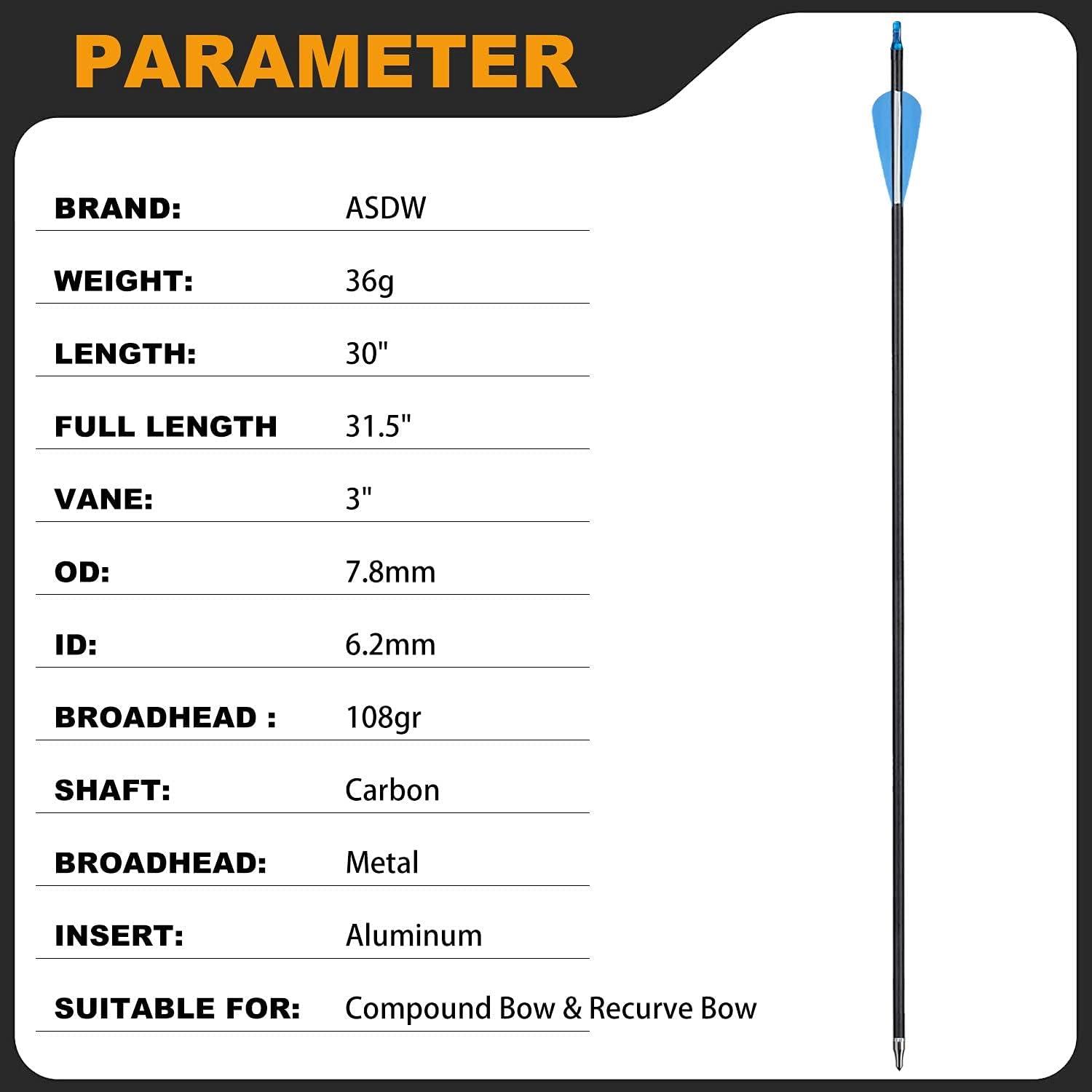 ASDW 30 Inch Archery Arrows Carbon Arrow Hunting Arrows Targeting Practice Arrow Safety Hunting Arrows for Recurve Bow Compound Bow Longbow for Beginner Women Youth (12 pcs) : Sports & Outdoors