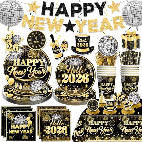 Yingoto 172 PCS 2026 New Years Eve Party Supplies, Tableware Set with New Years Plates and Napkins, 2 Tablecloths, Balloons, Hanging Swirls, & Banner, 2026 Happy New Year Party Supplies, Ser