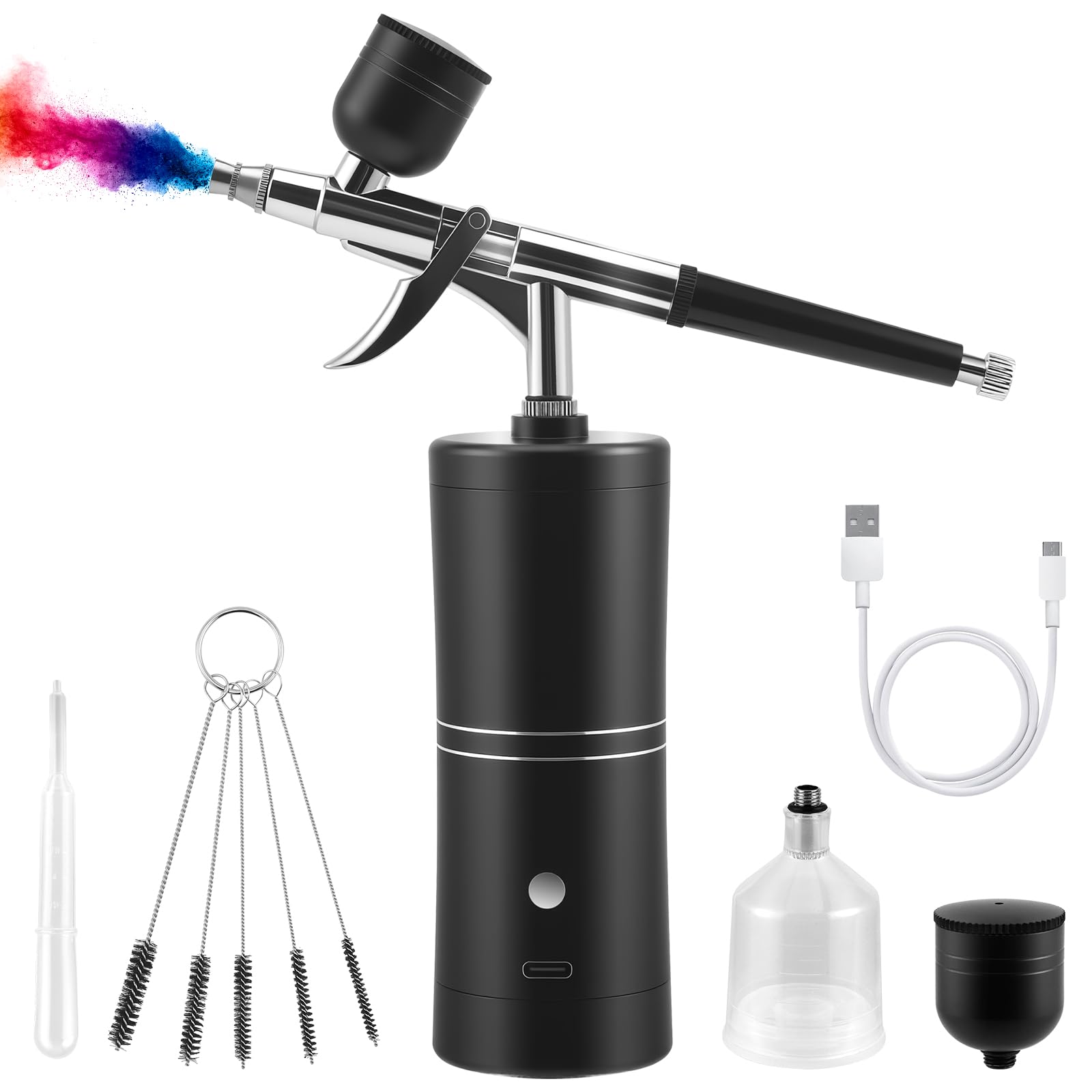 Kit aerografo con compressore – portatile e ricaricabile, con ugello da 0,3 mm, 5 aghi per pulizia e cavo di ricarica USB-C. Adatto per modellismo, cosmetici, nail art e decorazione torta