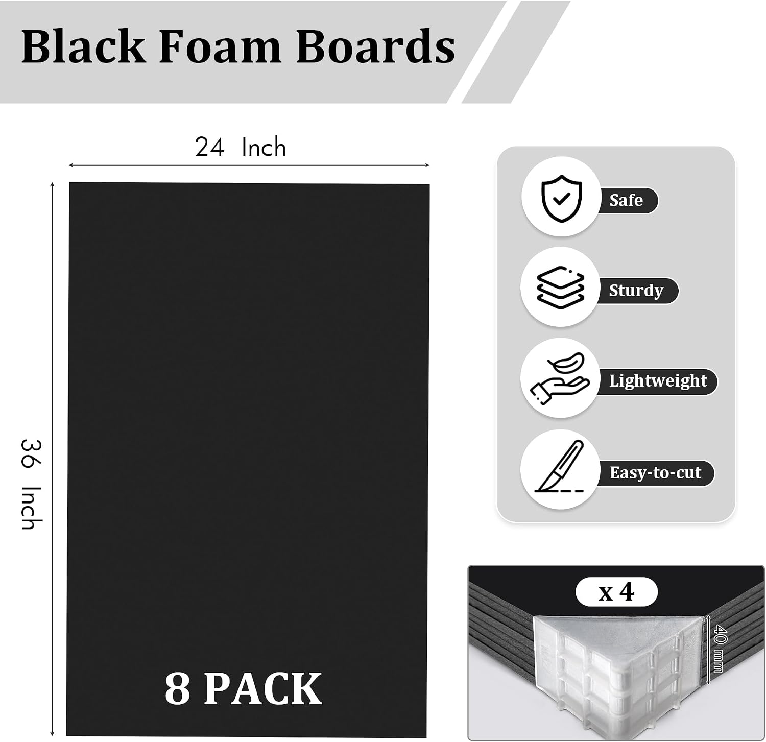 Elcoho 8 Pack Black Foam Board 24 x 36 Inch Thick Foam Core Board for Projects, Double-Sided Acid-Free Foam Poster Boards for Graduation DIY, Painting, Displaying, School and Craft Projects