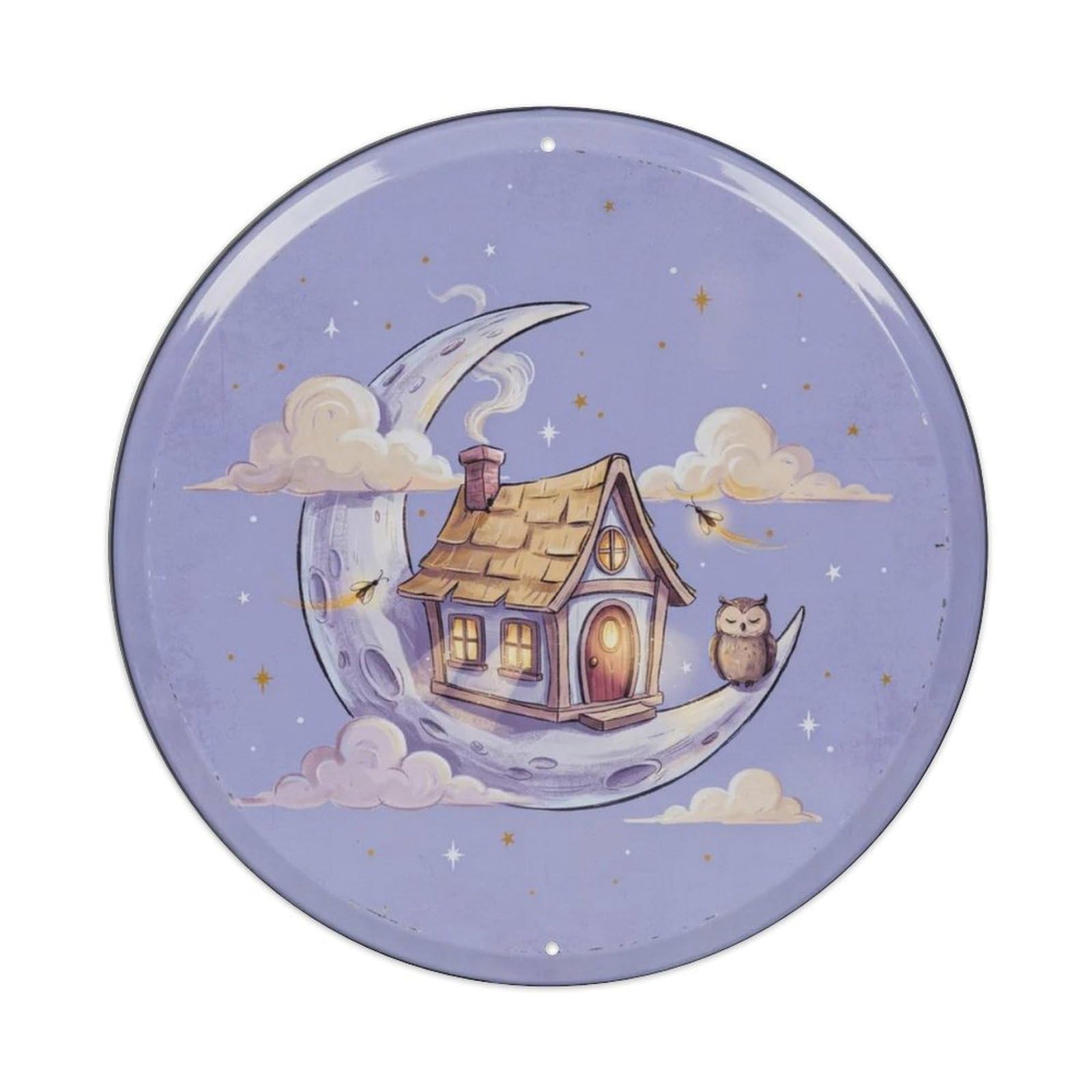Crescent Moon Cottage Fairytale Round Metal Tin Sign Plaque