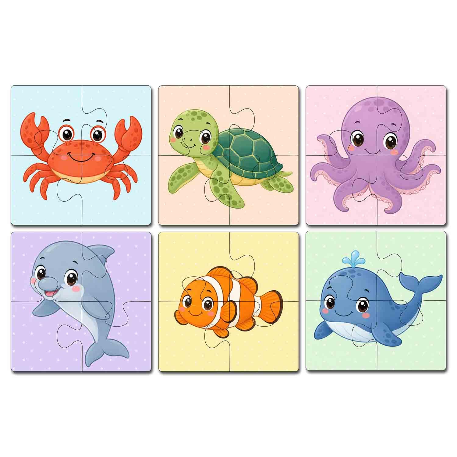 Tinywalk Wooden Jigsaw Puzzle Set of 6 for Kids Age 2-6 Years | Pack of 6 Puzzles with 4 Pieces Each | Toddler Learning Educational Toy | Mixed Themes Puzzle for Boys & Girls (Ocean)
