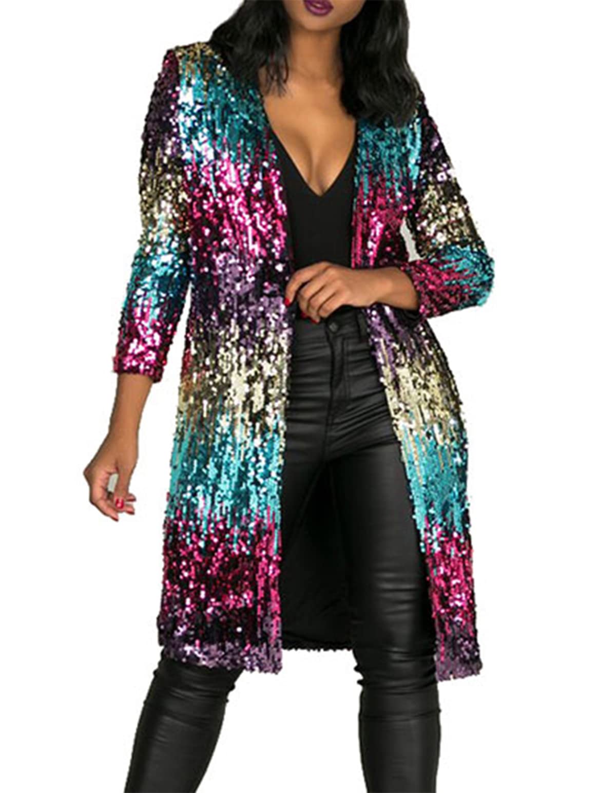 - 610 - Long Sleeves Full Sequins Open Front Duster Cardigan Cover-up Jacket Coat