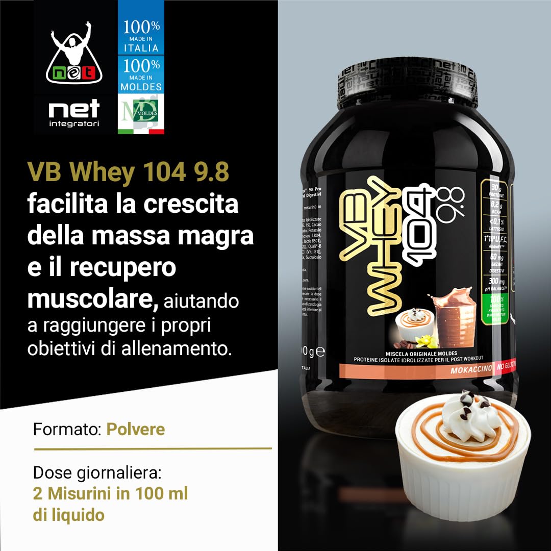 NET Integratori VB WHEY 104 9.8 Optipep - 900g Mokaccino - Proteine Isolate Idrolizzate per via Enzimatica Con EAA e BCAA - Massimizza Sintesi Proteica, Crescita e Mantenimento Muscolare