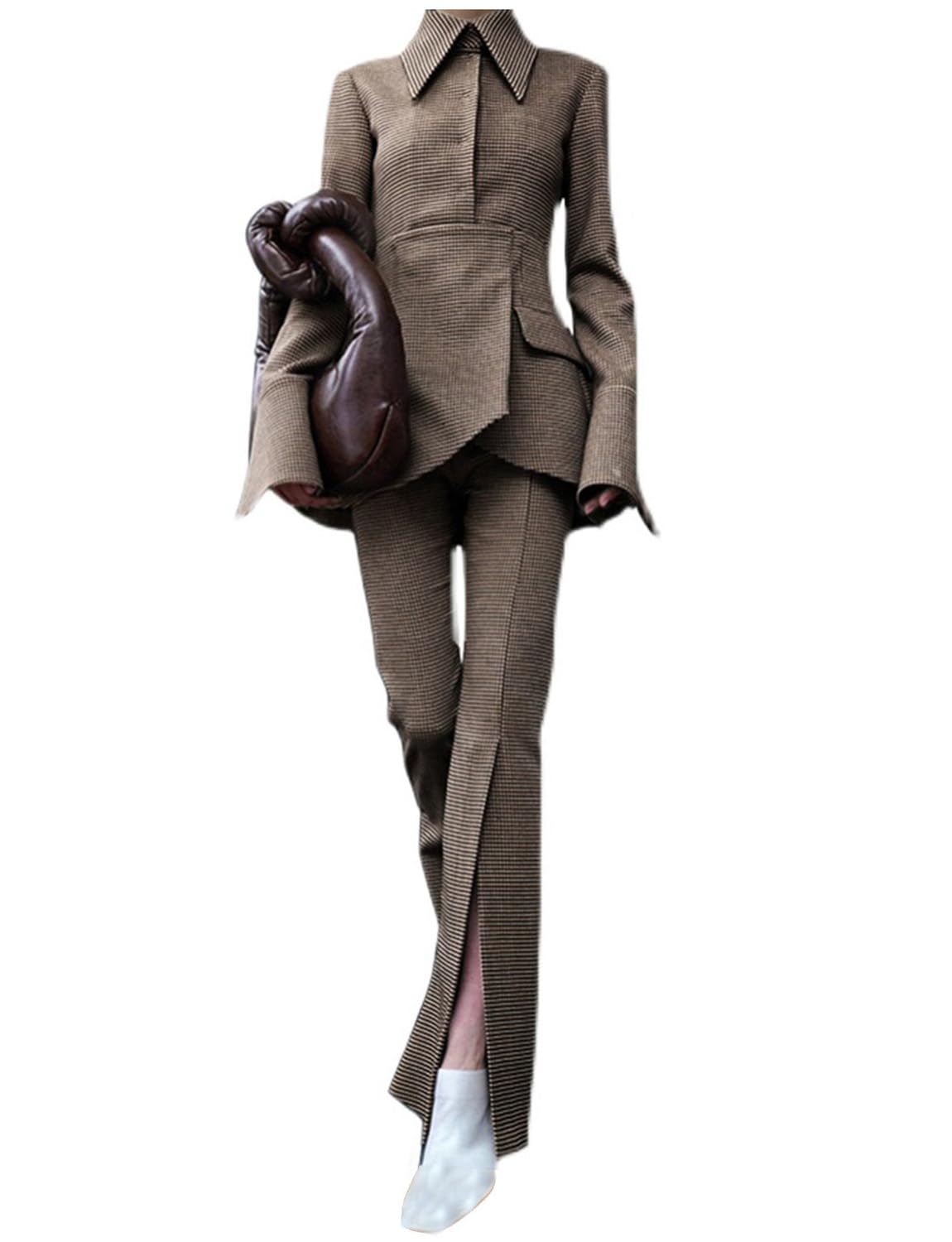 Womens Suit Business Office Small Houndstooth Jacket Casual Long Sleeve Pants 2-Piece Set
