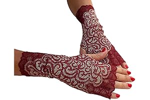 Elegant Burgundy and Gold Elastic Lace Fingerless Gloves