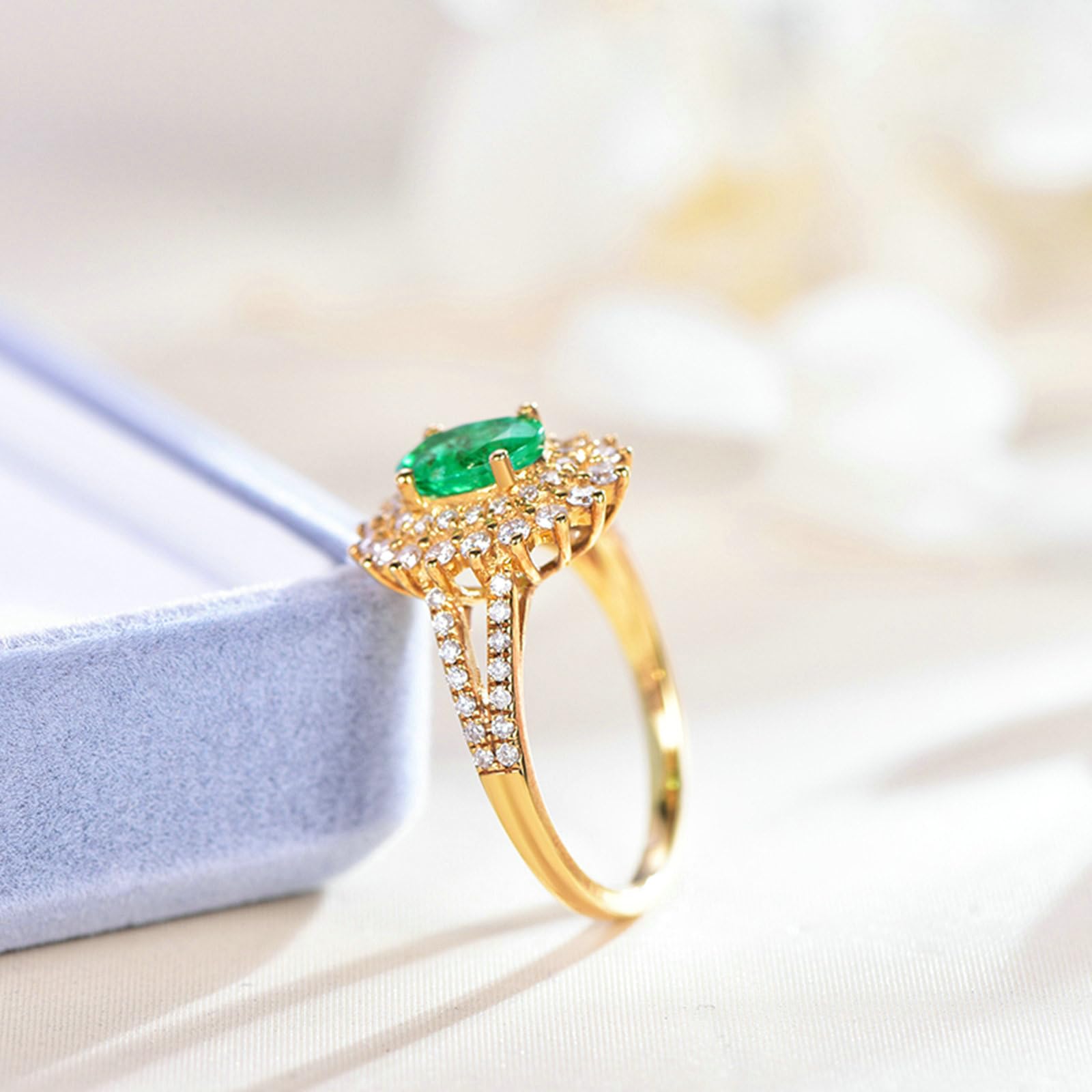 Anillo de boda para mujer, oro de 18 quilates, 14 quilates, 9 quilates, talla H 1/2-V 1/2, anillos de compromiso con girasol con esmeralda de 0,7 quilates y moissanita de 0,5 quilates
