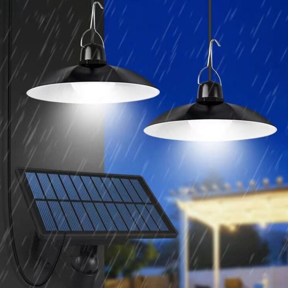 Pluuttiem Lampe Solaire Suspendue Extérieure Imperméable à Double Tête avec LED et Décorations de Lustre pour Abri de Jardin ou Grange