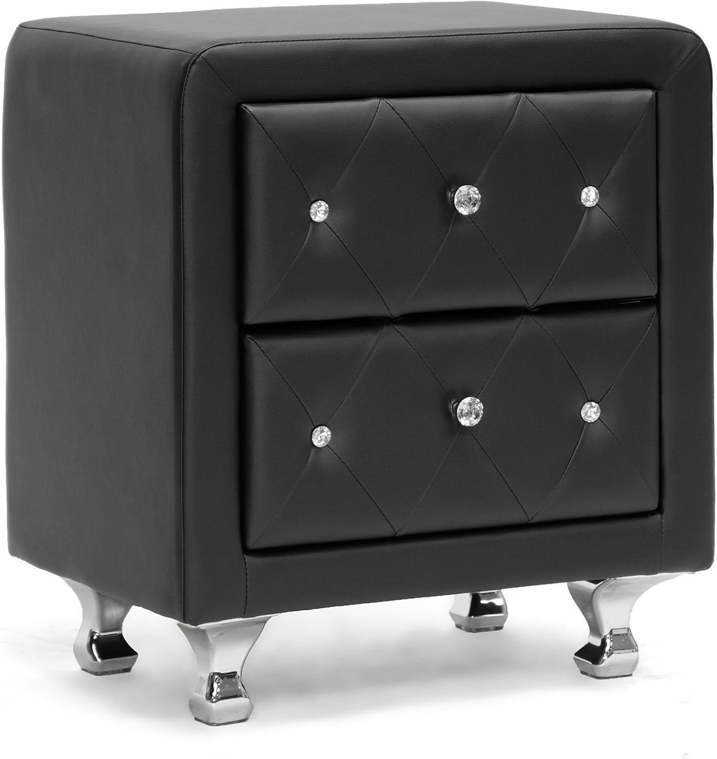 BOWERY HILL Faux Leather Nightstand, Black Finish, 23.75" H x 20.5" W x 16" D, 2 Drawers, Crystal Buttons, Chrome-Plated Steel Legs, Wood and Metal Construction, Upholstered Bedroom Furniture