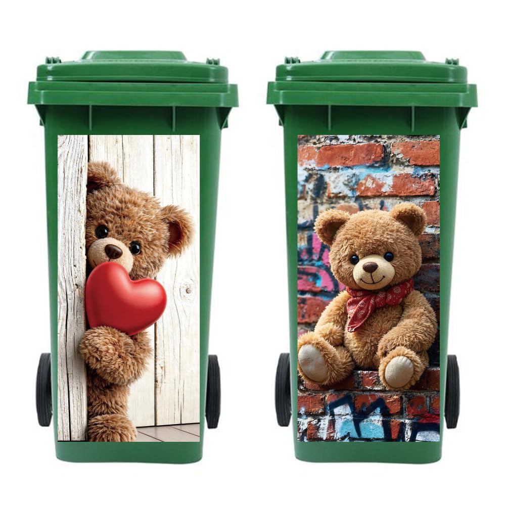 Peacoblue 2Pcs Wheelie Bin Stickers Heart Teddy Bear for Dustbin Decor