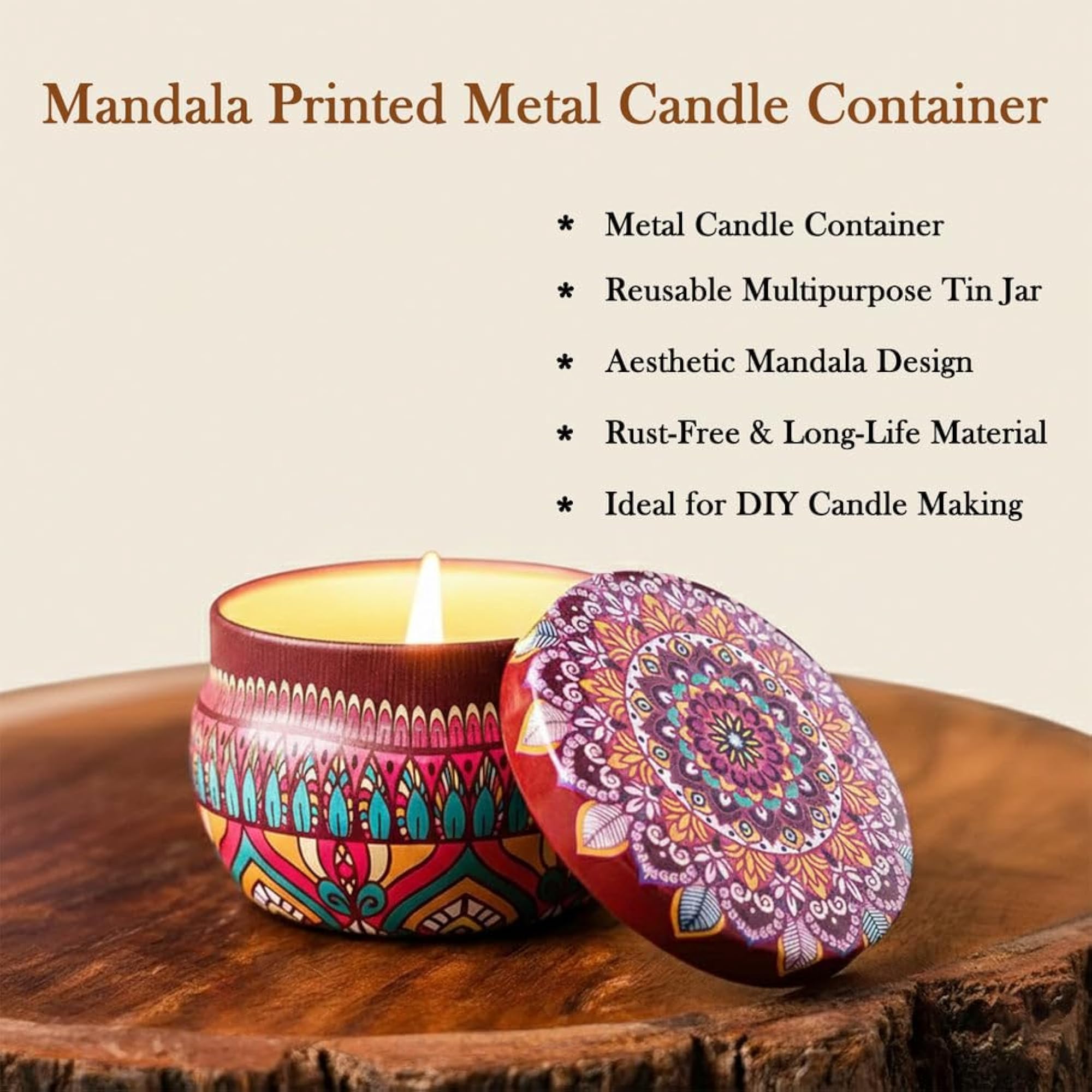 Mandala Printed Metal Candle Container Set, 4-Piece