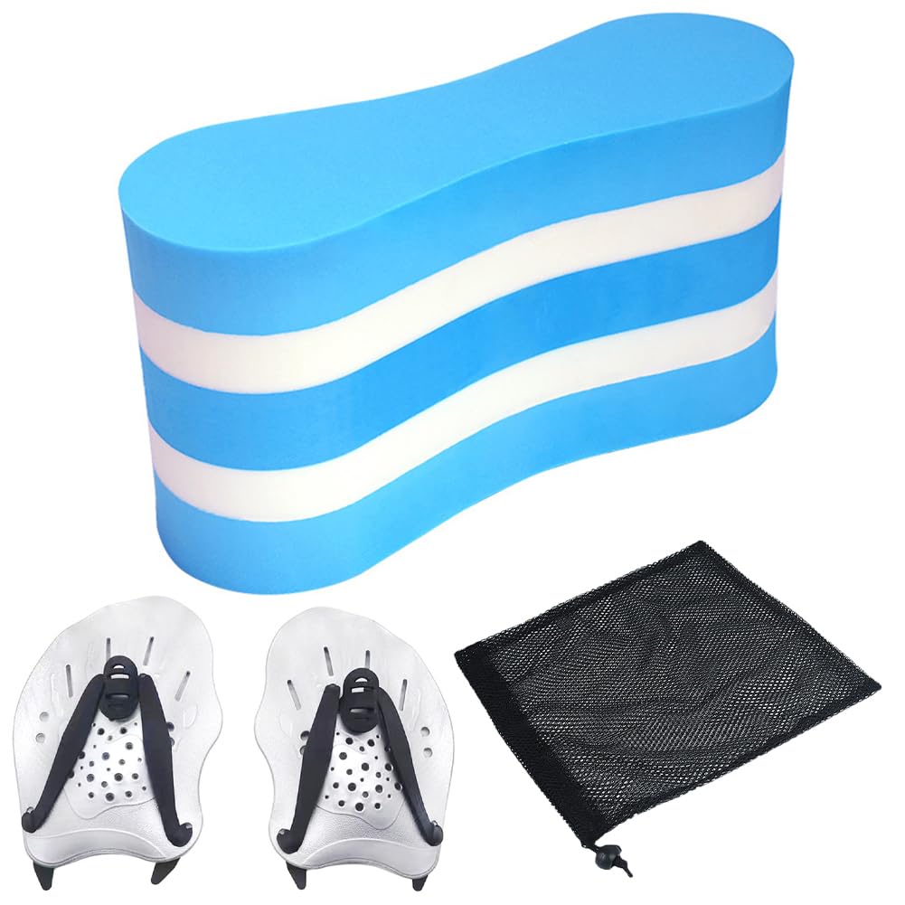 Swim Training Pull Buoy Set, Adjustable Strap Hand Paddles with Mesh Bag, Portable Swimming Practice Kit Training Equipment for Adults Beginner (B)