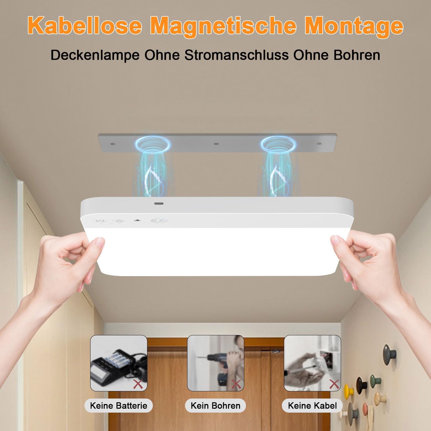 Toowell lámpara de batería con detector de movimiento lámpara de techo Baño con batería,1 pieza