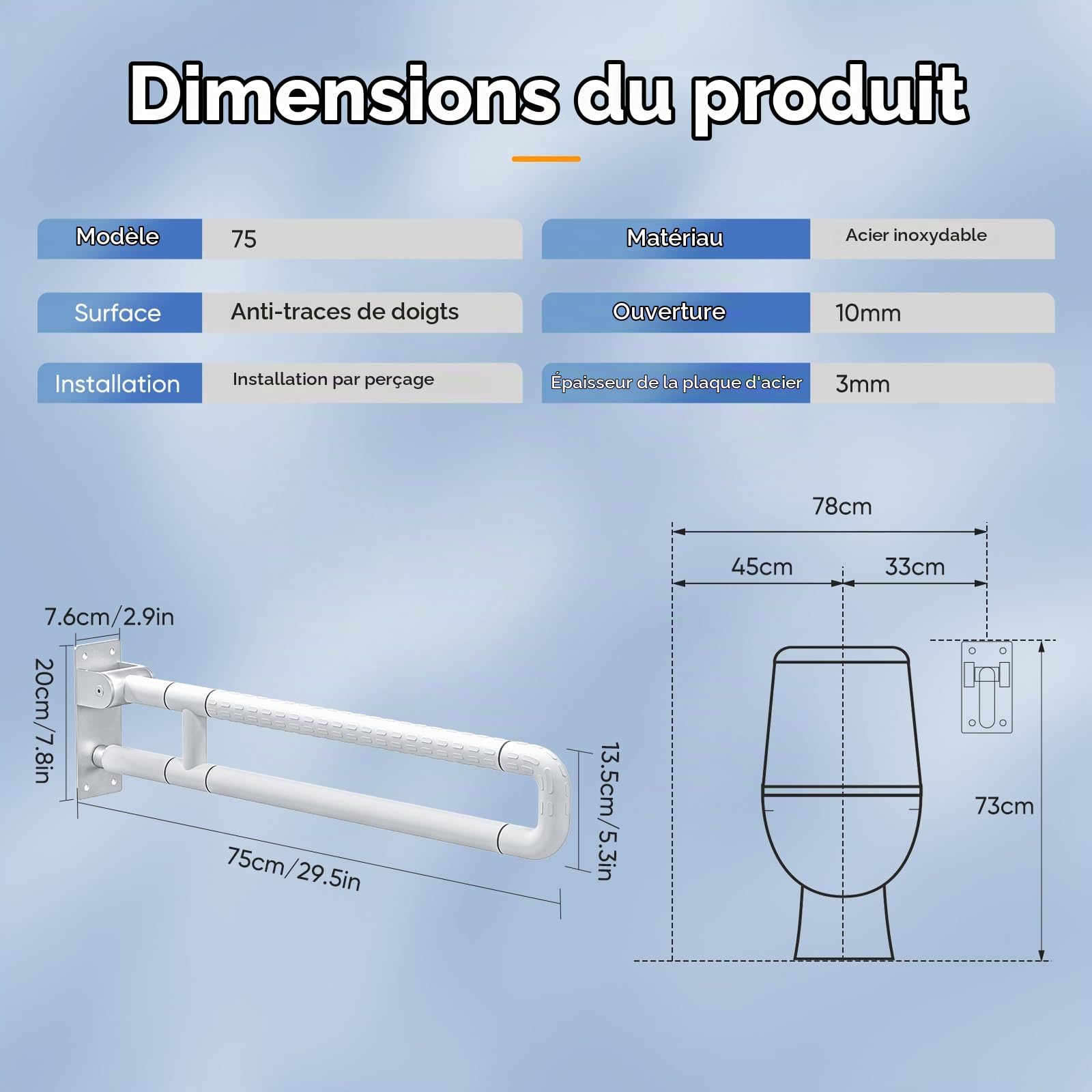 75cm Barre D'appui WC, Barre Toilette Handicapé, Charge portante 300-350kg, Barre D'appui de Salle de Bain en Acier Inoxydable avec 6 Cercles Lumineux pour Handicapé,Âgé,Enceint (White, 75cm)