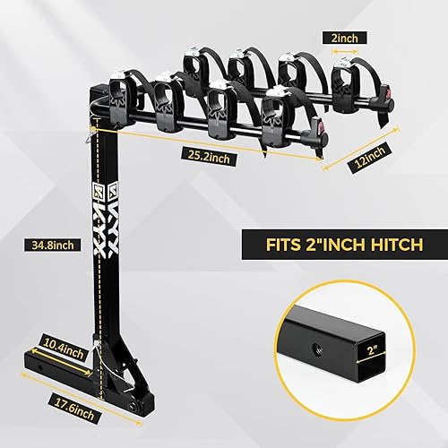 Miniatura 7 de KYX Portabicicletas para automóvil, para 4 bicicletas, para SUV, camión, furgonetas con receptor de enganche de 2 pulgadas, marco de acero plegable,