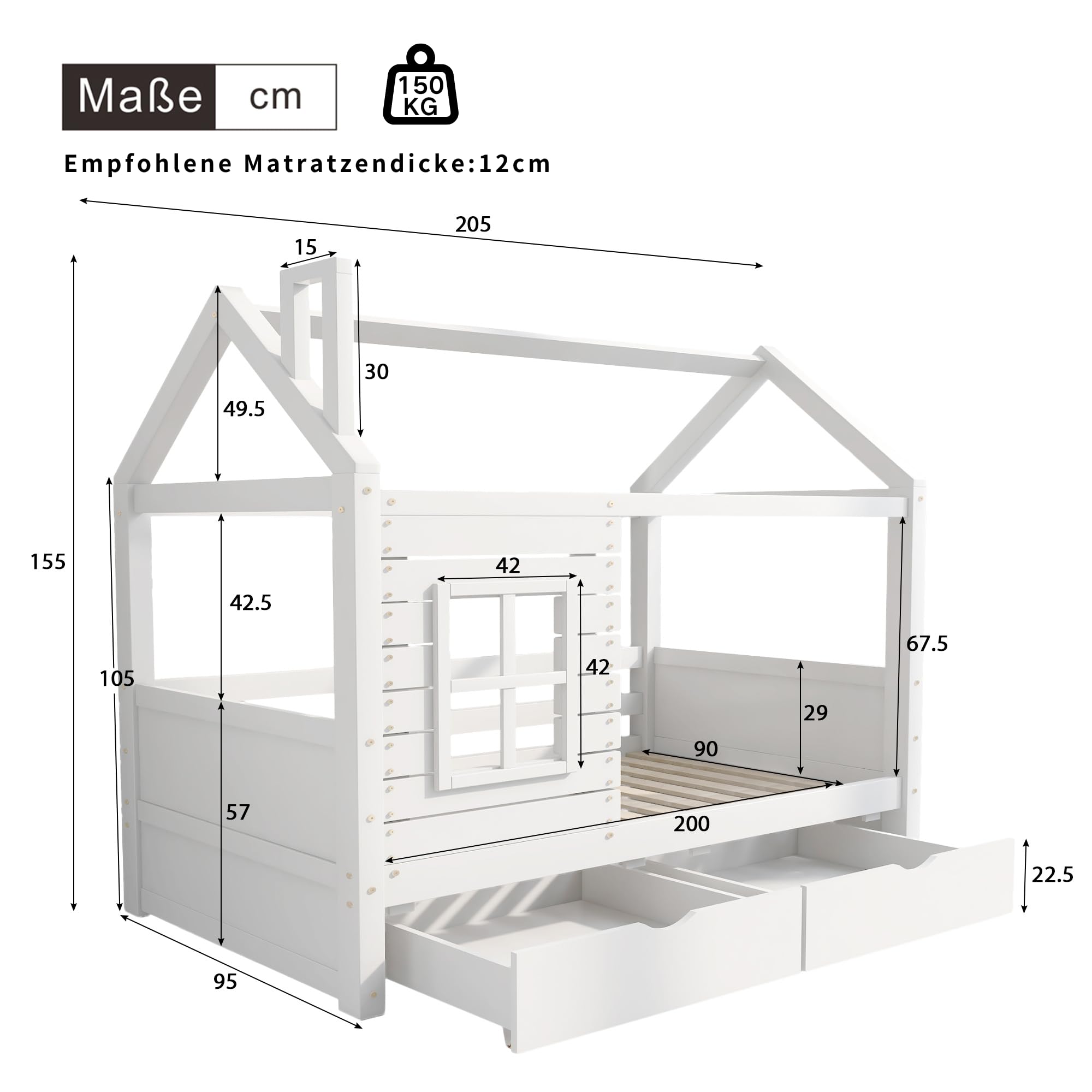 HESHU Kinderbett Hausbett 90x200 cm, Bettgestell mit Fenstern und 2 Schubladen, Kinderbett mit Dach, Massivholz Bett mit Rausfallschutz und Lattenrost, ohne Matratze, Weiß