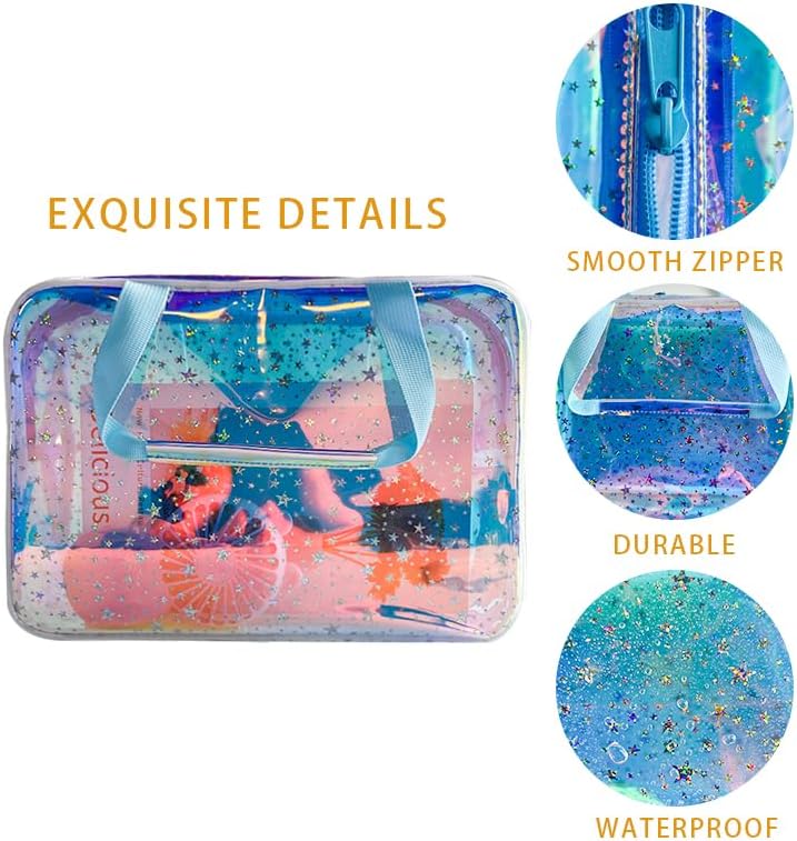 TPU Holographic Blue Clear Star Large Cosmetic Bag and Travel Pouch with Handle,Durable TPU Material,Zipper Design-Ideal for Makeup,Travel Essentials (Holographic Blue) - Image 3