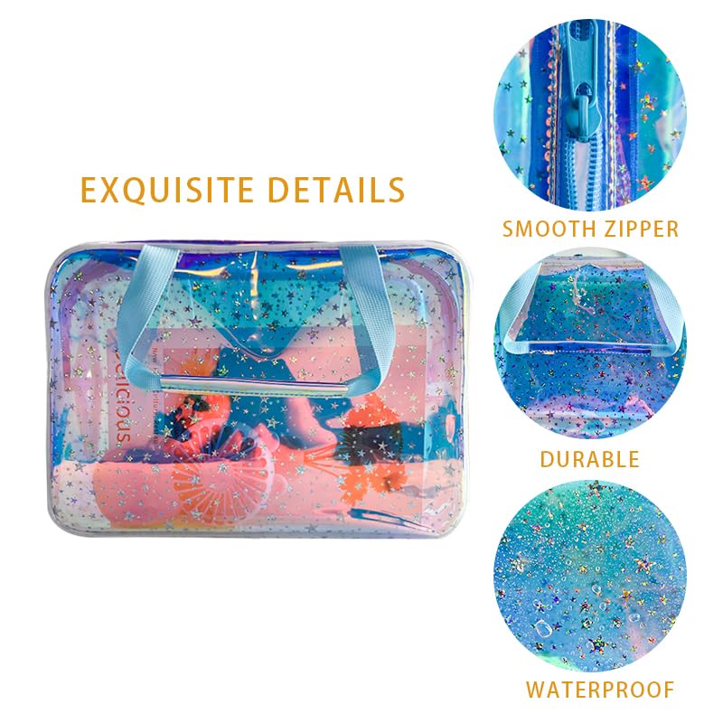 TotePrint TPU Holografisch Blau Durchsichtiger Stern Großer Kosmetikbeutel und Reisetasche mit Griff, langlebiges TPU-Material, Reißverschluss-Design - Ideal für Make-up, Reise-Essentials