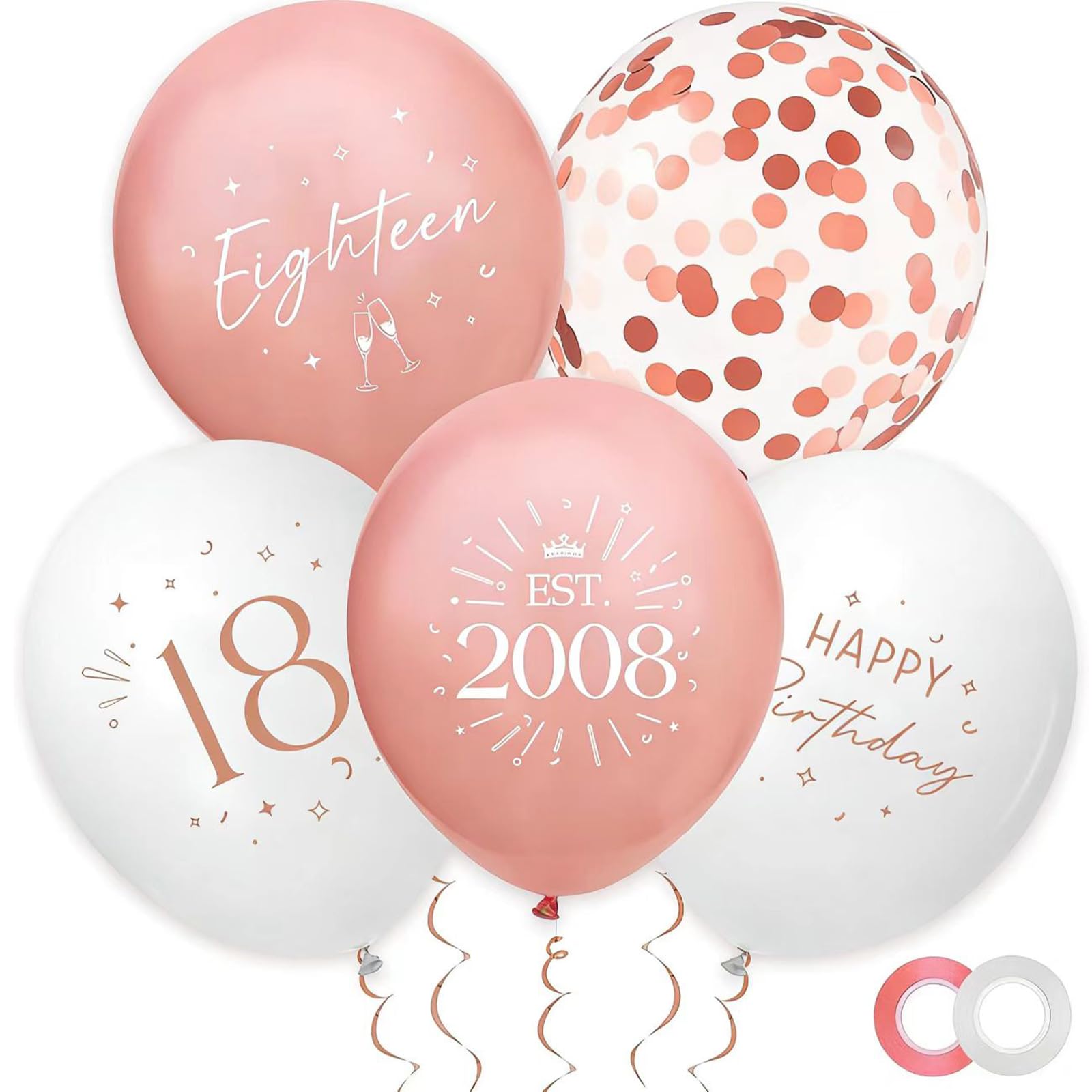 30 Pack 18th Birthday Balloons Rose Gold – Happy 18 Birthday Party Decorations with Confetti Balloons and Ribbon – Vintage EST 2008 Printed Balloons for 18th Milestone Celebration