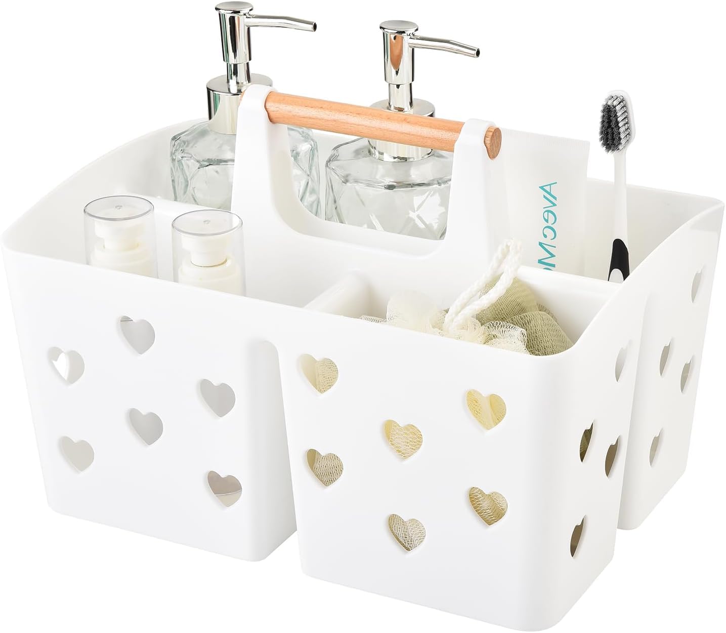 ALINK Portable Shower Caddy Plastic Shower Basket Organizer Divided Bathroom Caddy Storage Cleanning Caddy Tote with Handle for College, Dorm Room, Kitchen, Love Heart (WHITE)