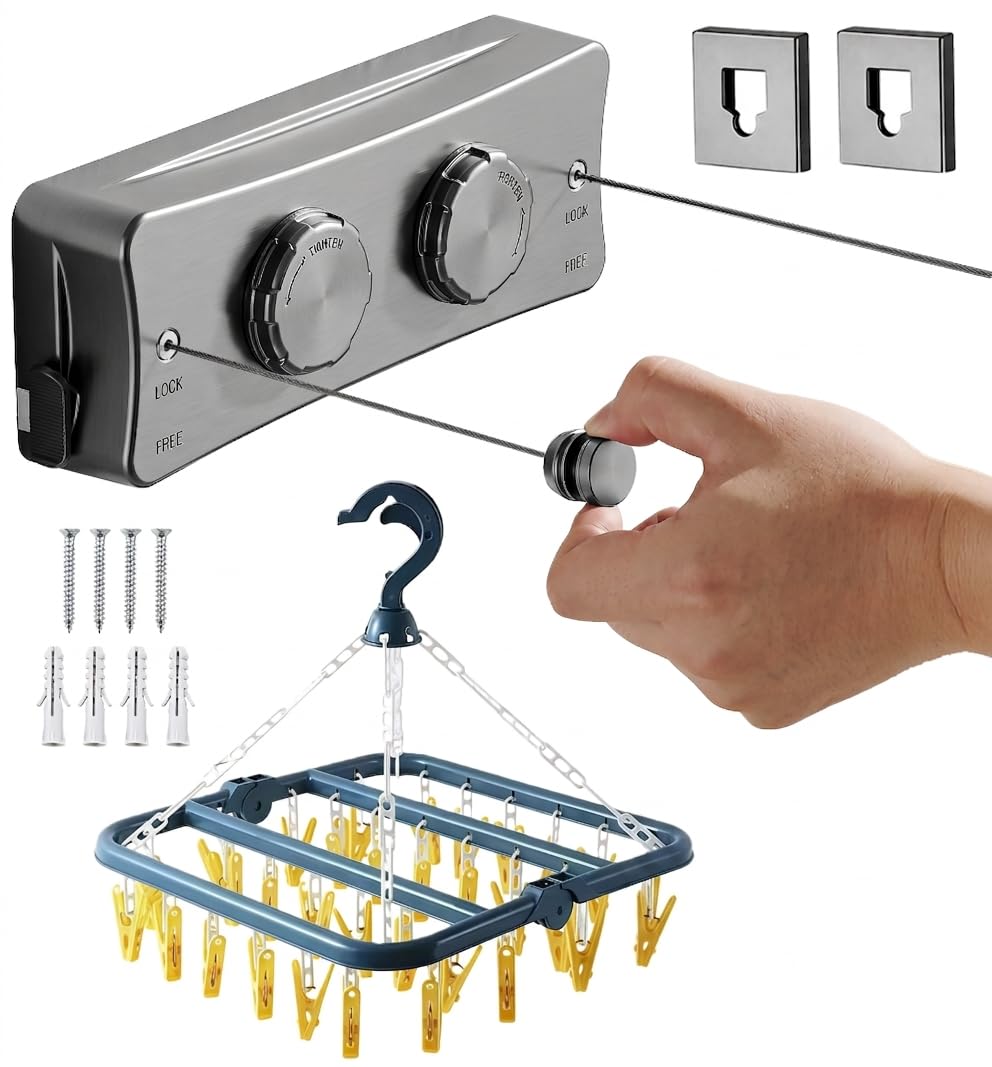 ️ Pack Tendedero Retractil Pared Doble 10.2m Acero Inoxidable + Perchero 32 Pinzas | Tendedero Extensible Pared Interior y Exterior | Intalacion con Tornillos | Color Gris