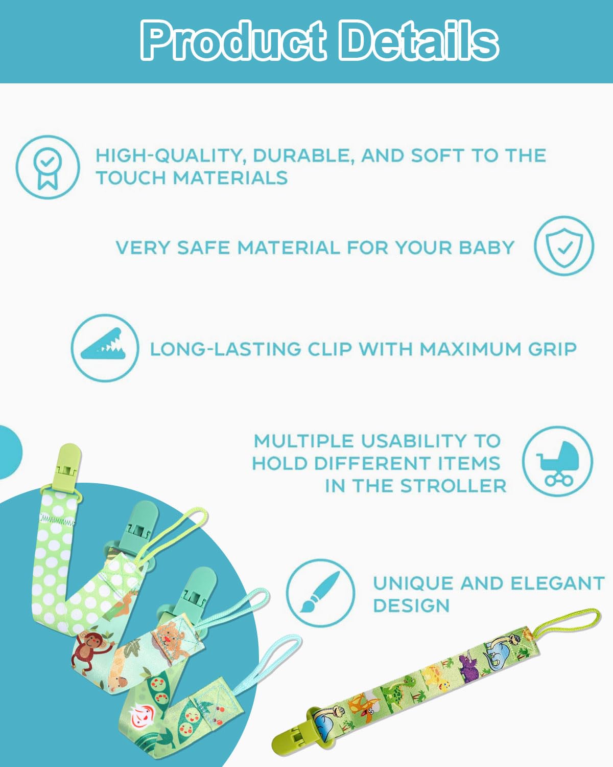 ZEXIJOW 5 Pezzi Catenella Portaciuccio, Catenella Ciuccio per Bambini, Set Porta Ciuccio con Clip Adatto a Tutti i Ciucci per Maschio e Femmina, Giocattoli Adatto per Ciucci Giocattoli(verde) - 3