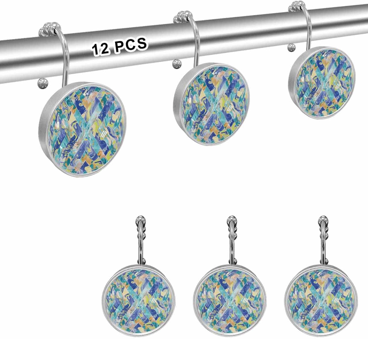 Shower Curtain Hooks 12 Pcs Blue Turquoise Marble Abstract Geometric Contemporary Art Stainless Steel Rust Proof Rolling Shower Curtain Rings, Decorative Shower Curtain Hooks Hangers for Bathroom