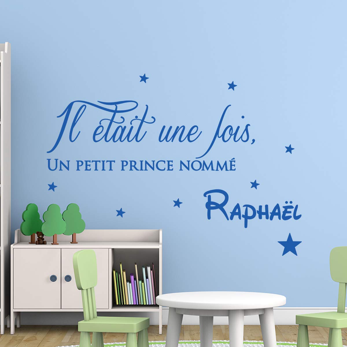 Pegatinas personalizadas con nombre personalizado, pegatina con el texto "Fois un Princes" – Decoración de pared para habitación infantil – 2 láminas de 20 x 40 cm y 40 x 25 cm – azul marino